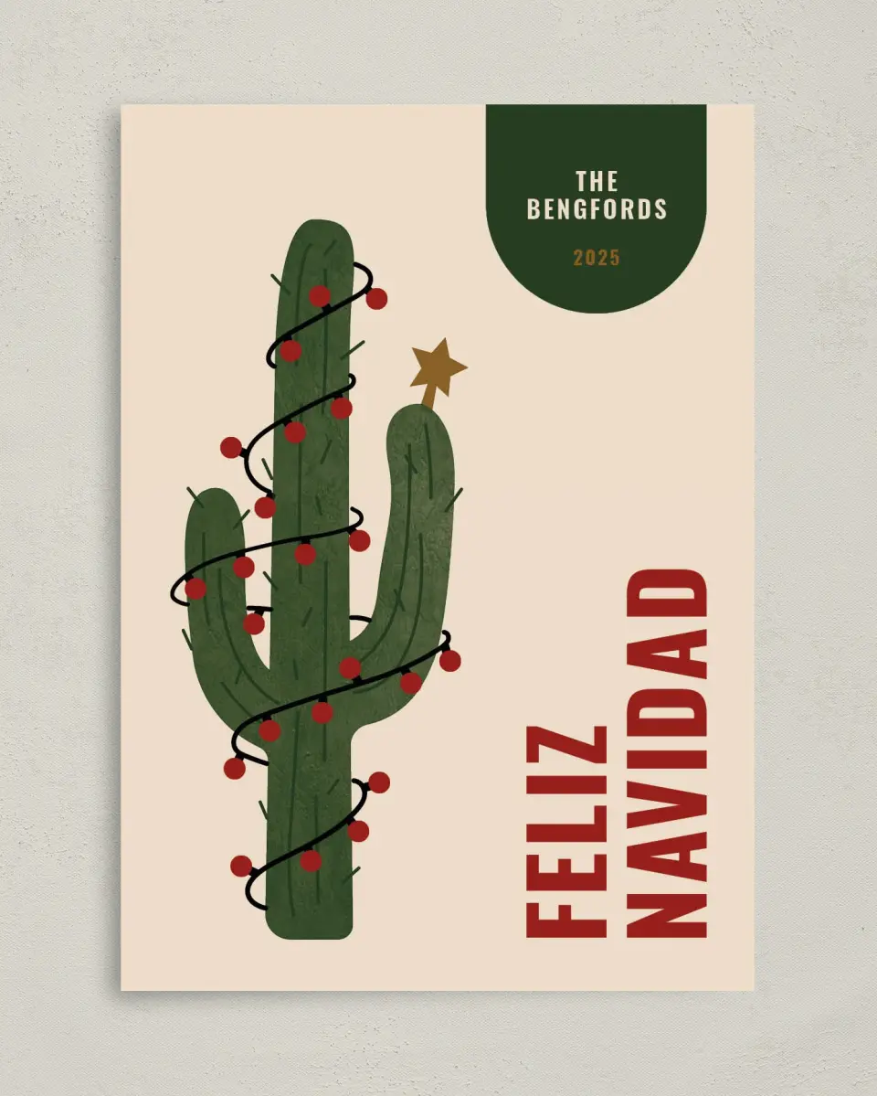 This is a 5" x 7" Christmas Card called Feliz Cactus printed in full color on Premium Smooth paper