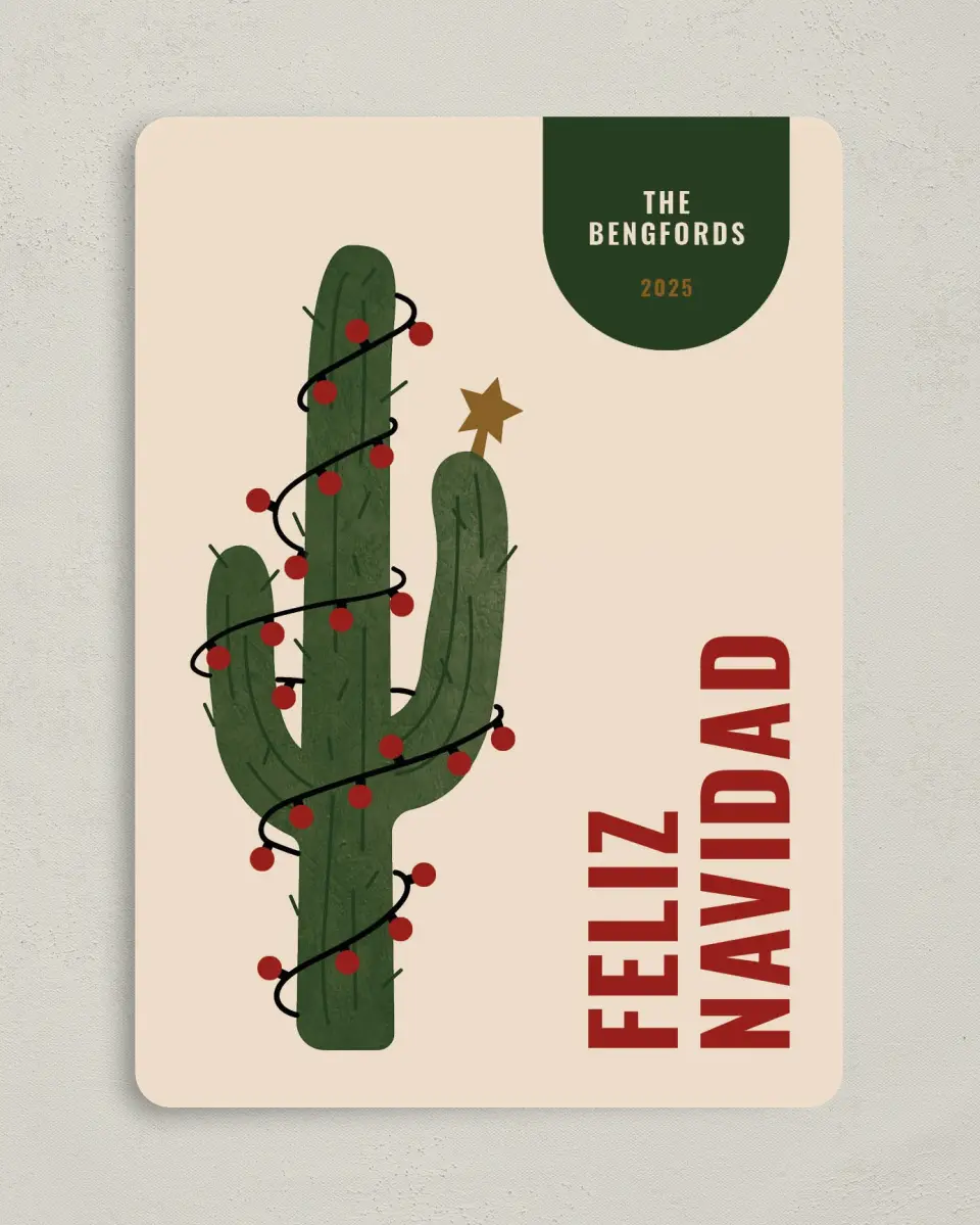 This is a 5" x 7" Christmas Card called Feliz Cactus printed in full color on Premium Smooth paper
