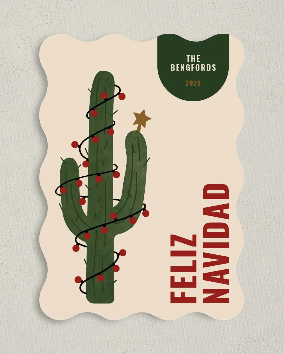 This is a 5" x 7" Christmas Card called Feliz Cactus printed in full color on Premium Smooth paper