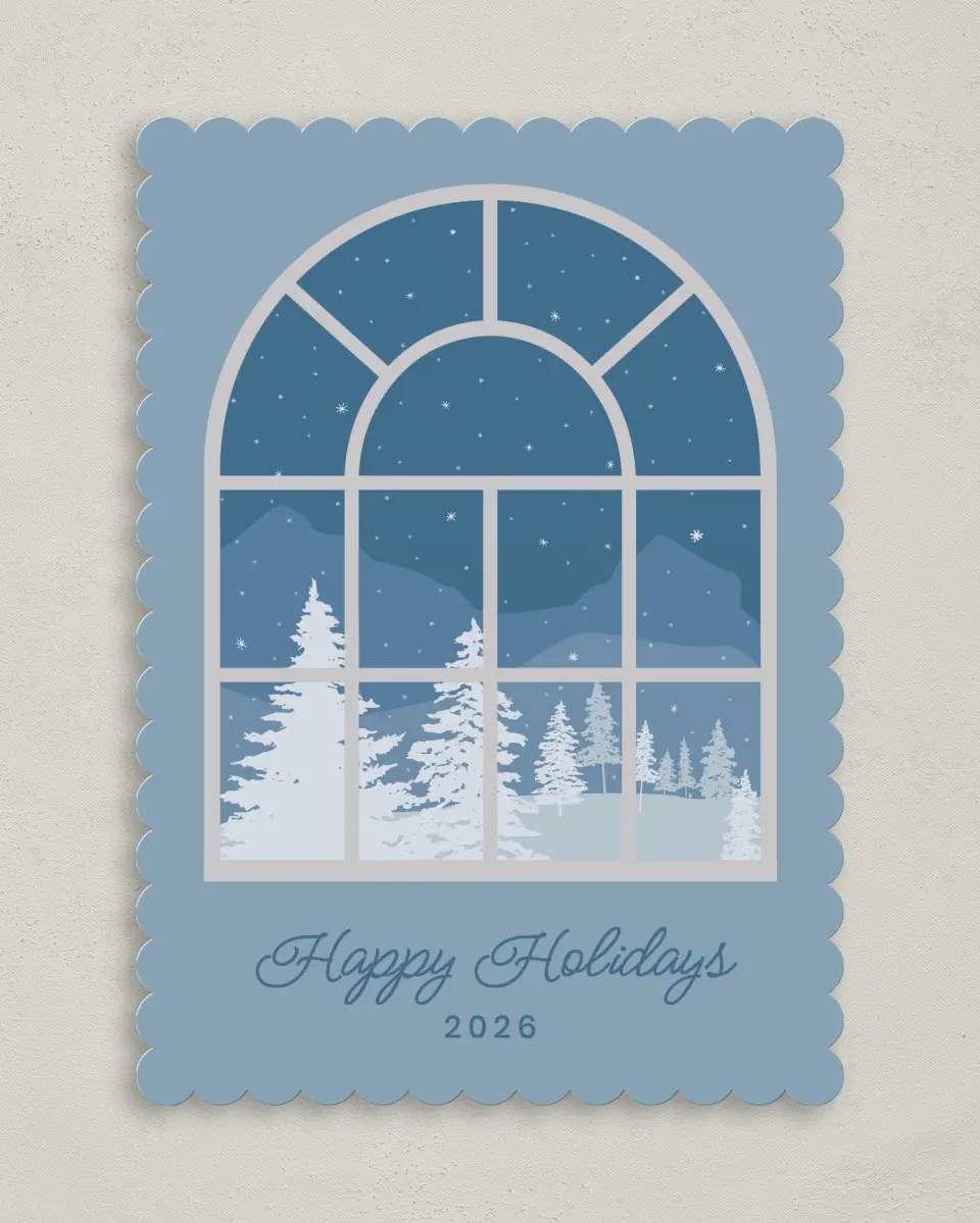 This is a 5" x 7" Christmas Card called Wistful Winter Window printed in full color on Premium Smooth paper on Premium Smooth paper on Premium Smooth paper