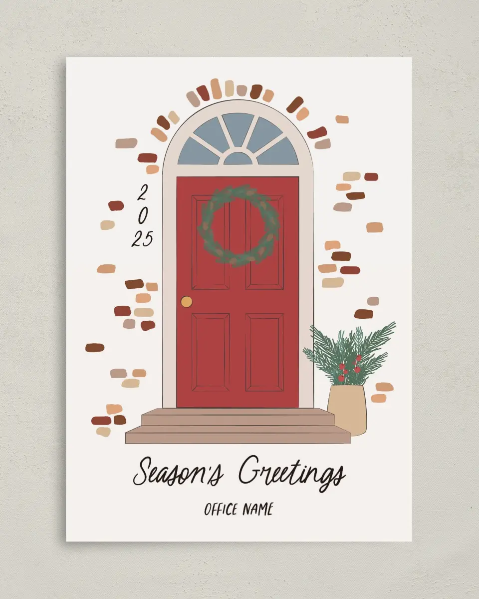 This is a 5" x 7" Christmas Card called Front Door Wreath printed in full color on Premium Smooth paper