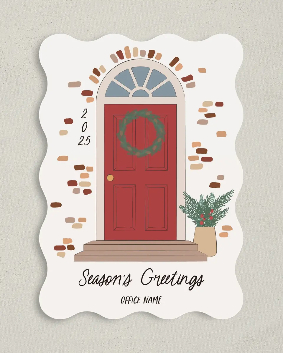 This is a 5" x 7" Christmas Card called Front Door Wreath printed in full color on Premium Smooth paper