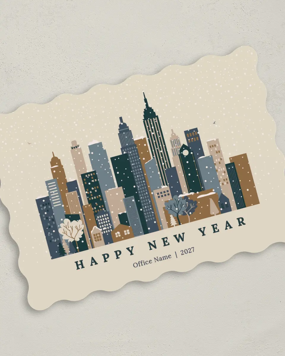 This is a 5" x 7" Christmas Card called Snowy Cityscape printed in full color on Premium Smooth paper