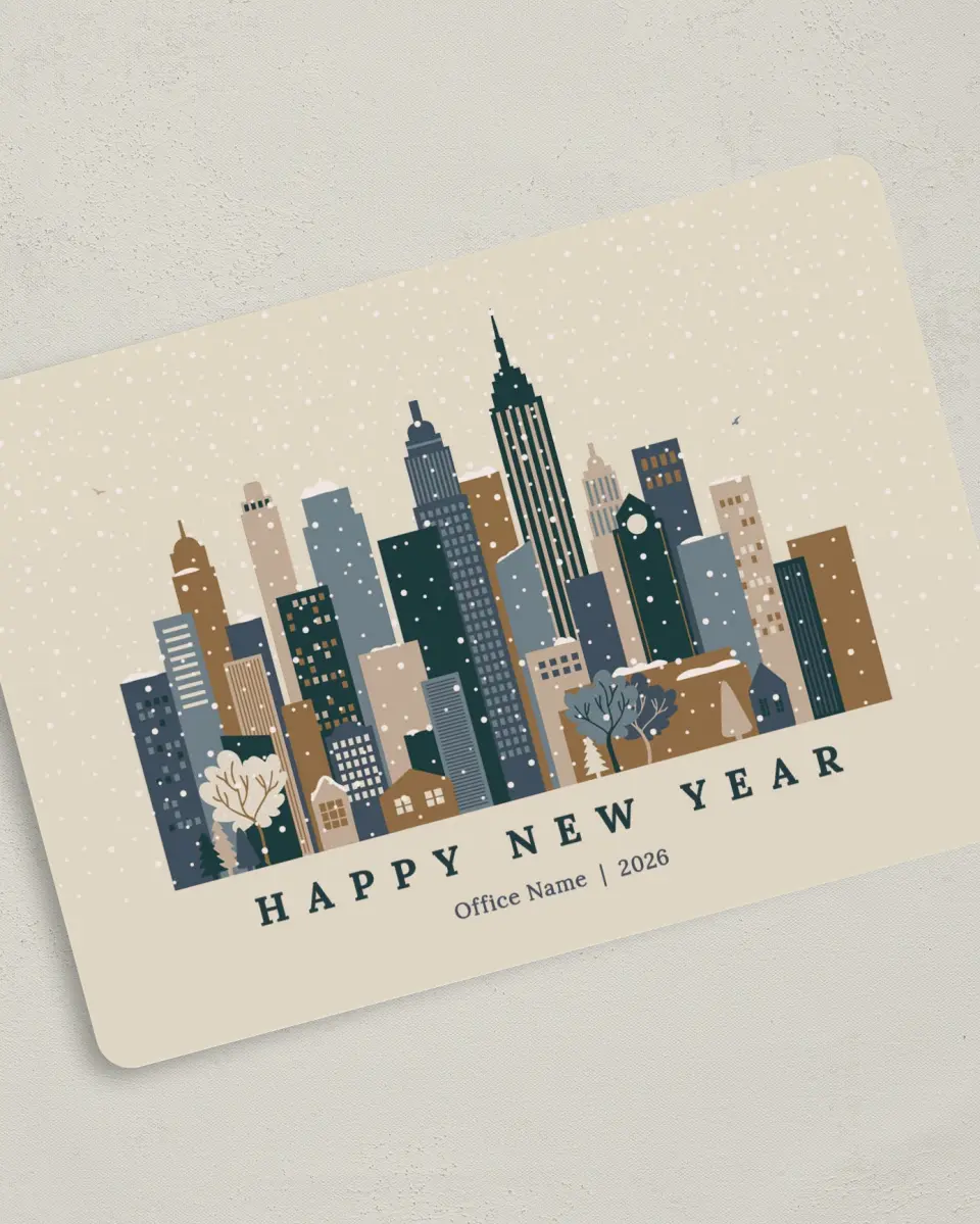 This is a 5" x 7" Christmas Card called Snowy Cityscape printed in full color on Premium Smooth paper