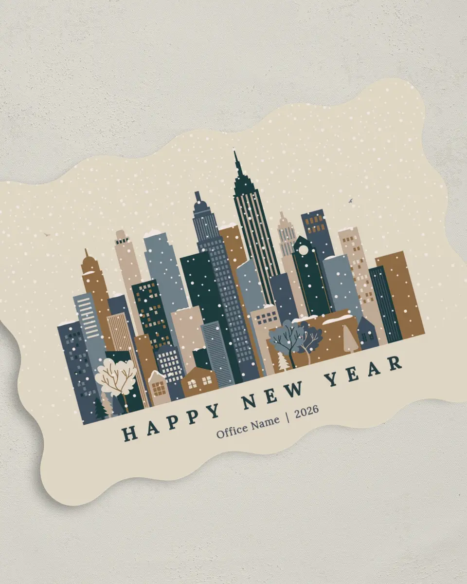 This is a 5" x 7" Christmas Card called Snowy Cityscape printed in full color on Premium Smooth paper