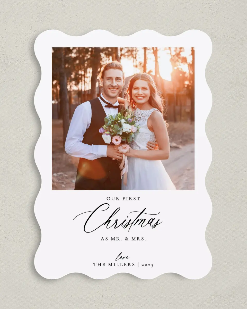 This is a 5" x 7" Christmas Card called Married Moments printed in full color with Rose Gold foil on Soft Suede (coated) paper