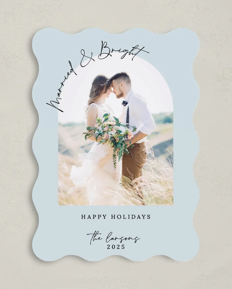 This is a 5" x 7" Christmas Card called Forever Bright printed in full color with Rose Gold foil on Soft Suede (coated) paper