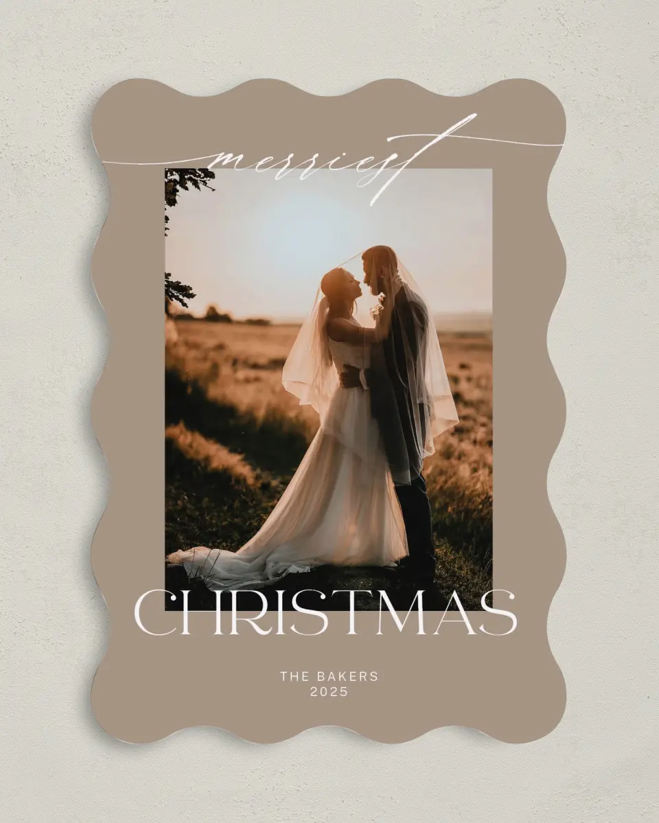 This is a 5" x 7" Christmas Card called Connected Christmas printed in full color with Rose Gold foil on Soft Suede (coated) paper