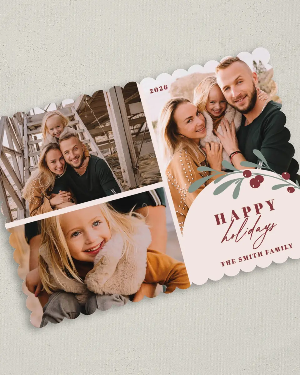 This is a 5" x 7" Christmas Card called Holly & Heartfelt Wishes printed in full color on Premium Smooth paper on Premium Smooth paper on Premium Smooth paper