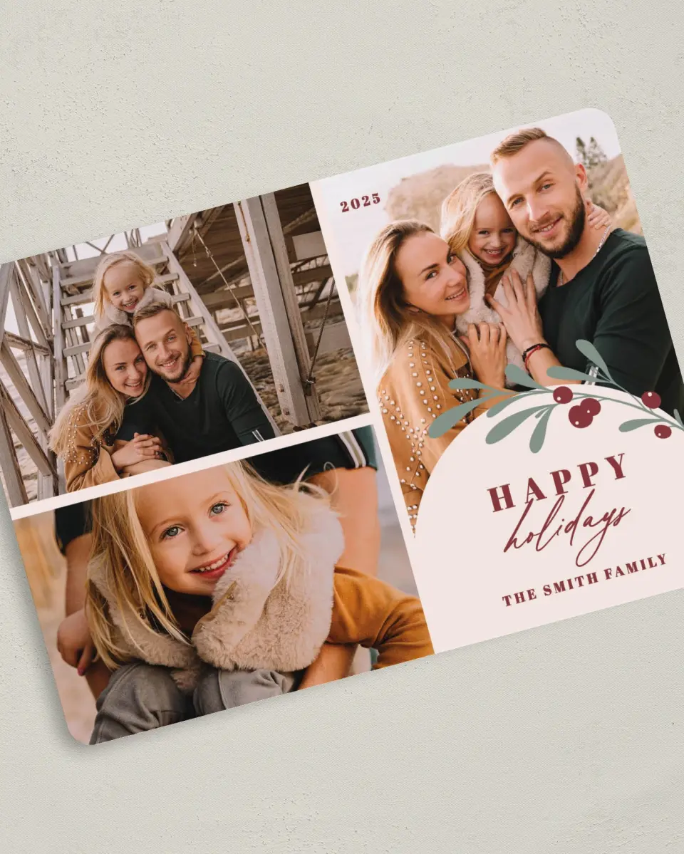 This is a 5" x 7" Christmas Card called Holly & Heartfelt Wishes printed in full color on Premium Smooth paper