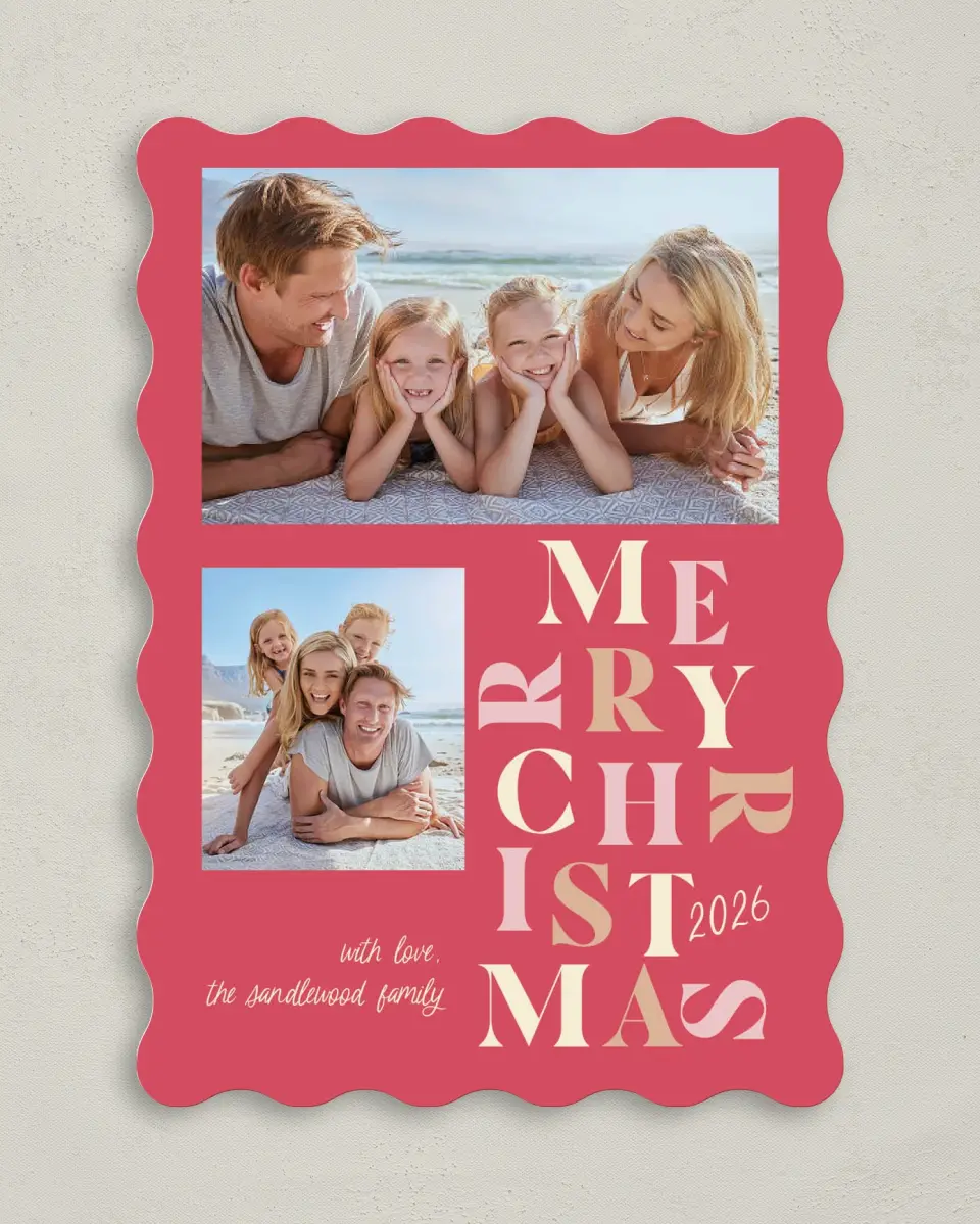 This is a 5" x 7" Christmas Card called Bright Spirits printed in full color with Rose Gold foil on Soft Suede (coated) paper
