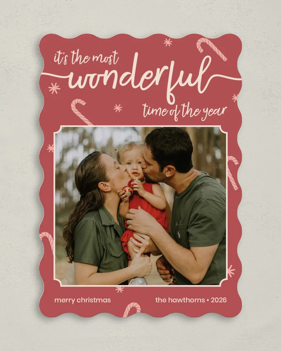 This is a 5" x 7" Christmas Card called Most Wonderful printed in full color with Rose Gold foil on Soft Suede (coated) paper