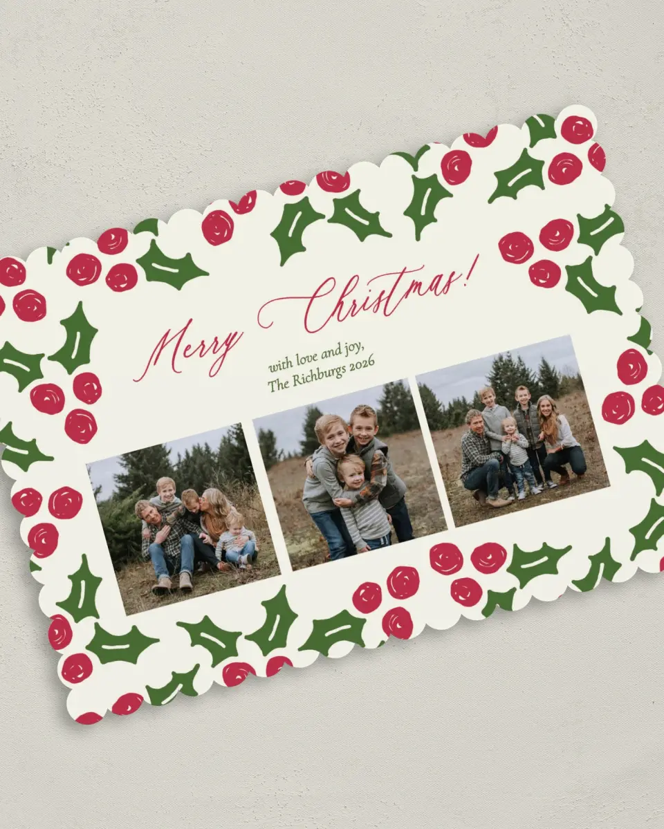 This is a 5" x 7" Christmas Card called Happy Holly printed in full color on Premium Smooth paper on Premium Smooth paper on Premium Smooth paper