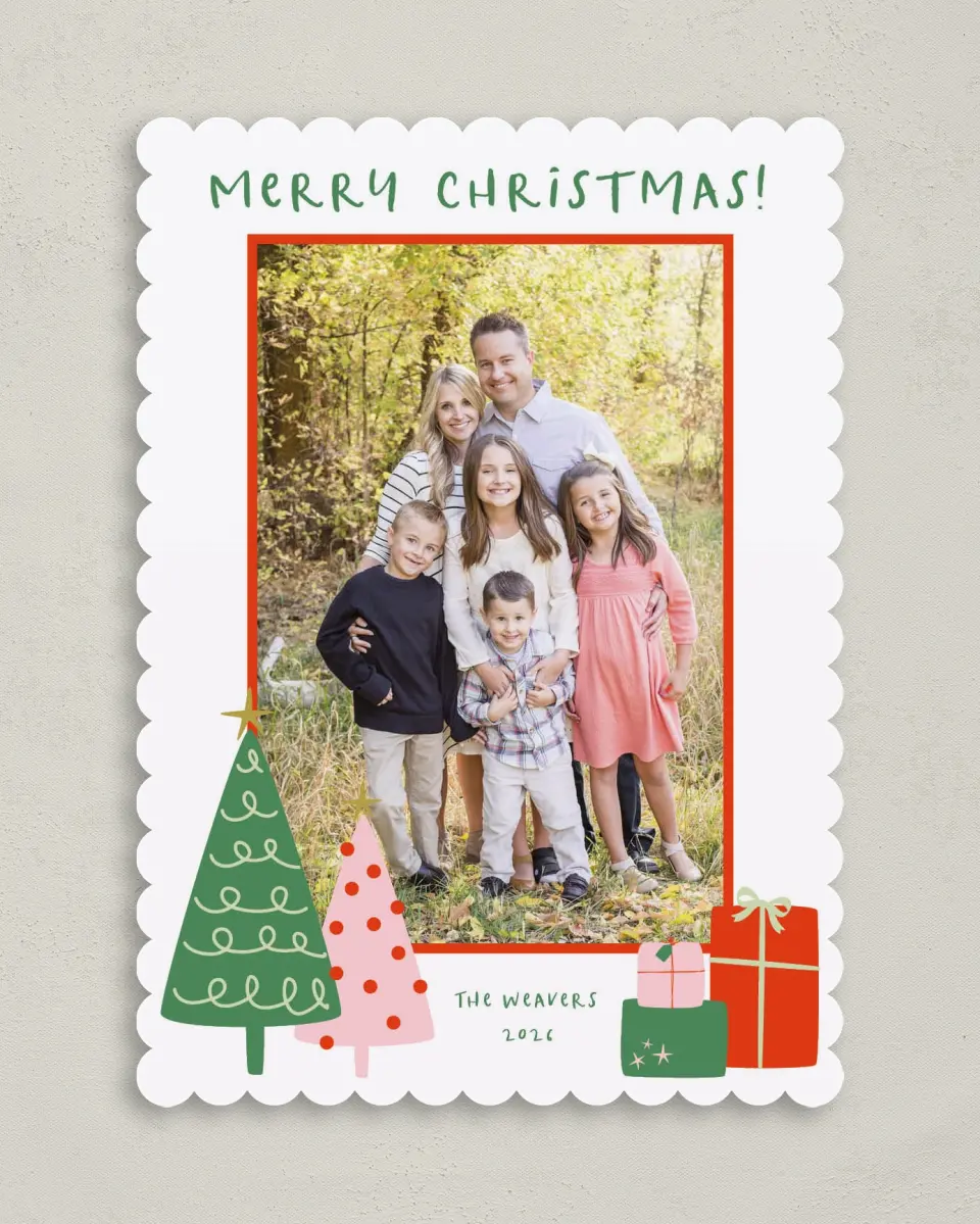 This is a 5" x 7" Christmas Card called Under the Tree printed in full color on Premium Smooth paper on Premium Smooth paper on Premium Smooth paper