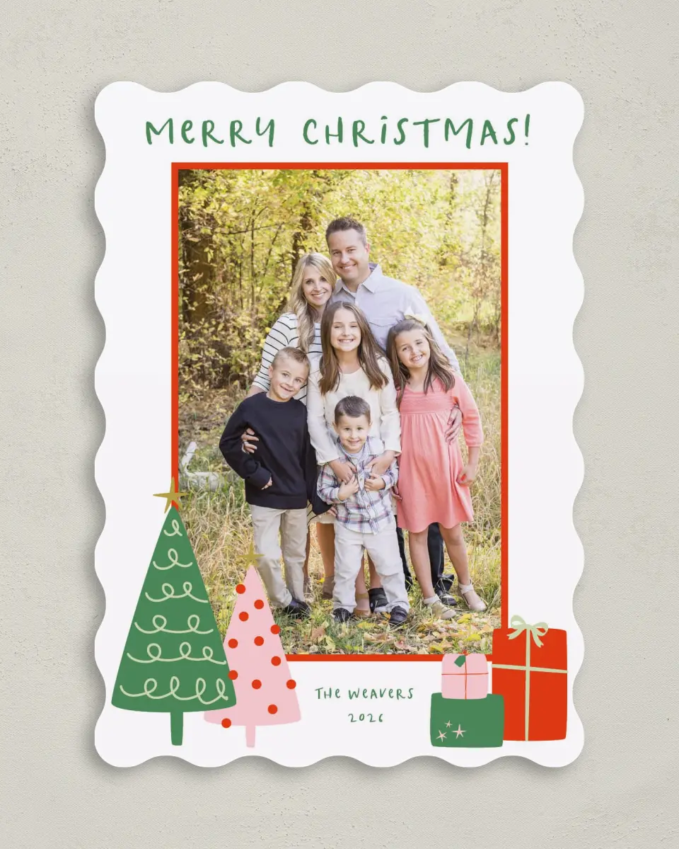 This is a 5" x 7" Christmas Card called Under the Tree printed in full color with Rose Gold foil on Soft Suede (coated) paper