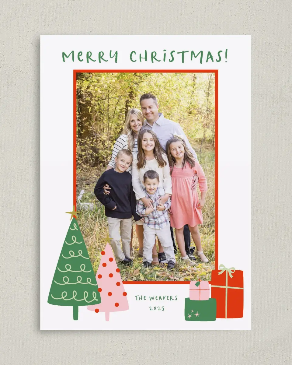 This is a 5" x 7" Christmas Card called Under the Tree printed in full color on Premium Smooth paper