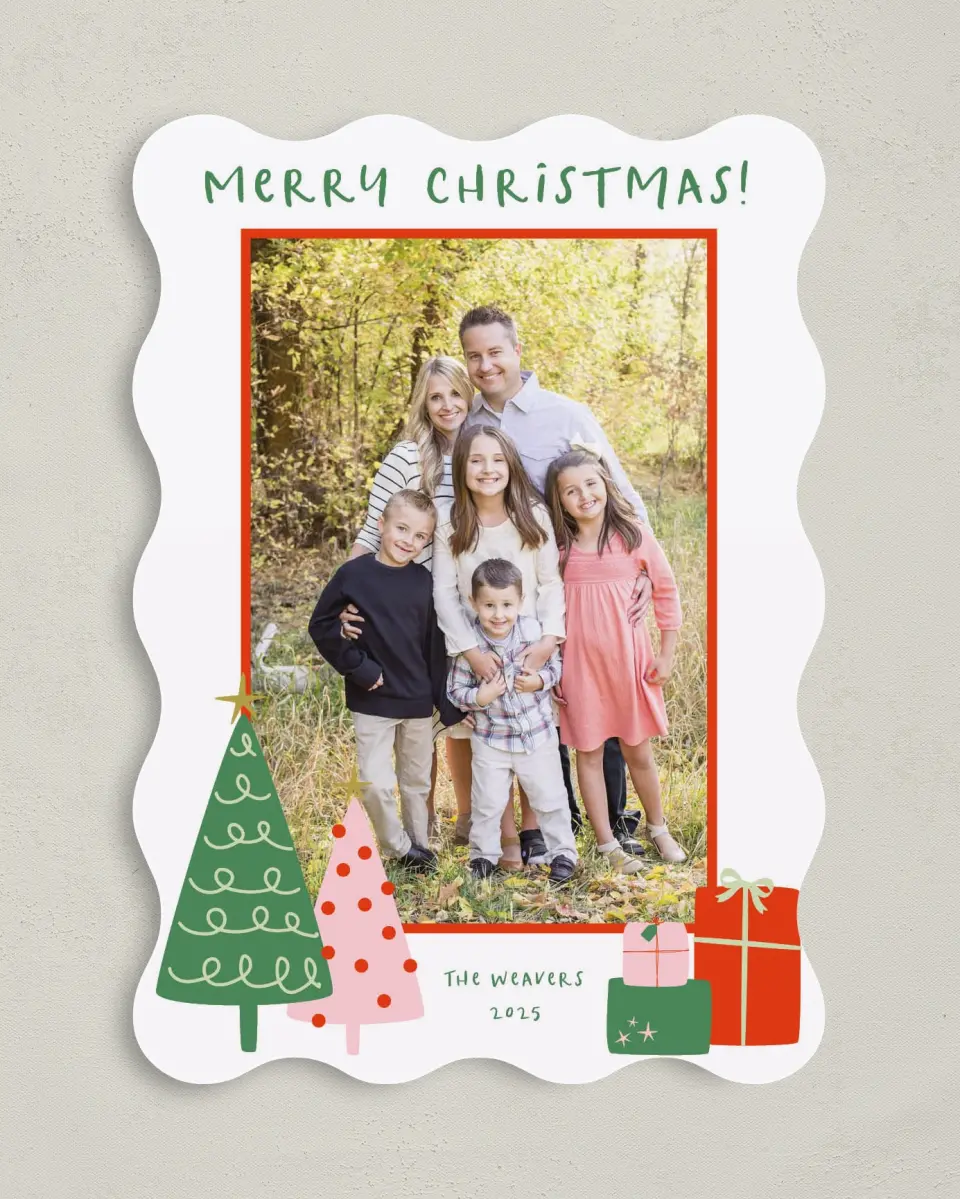 This is a 5" x 7" Christmas Card called Under the Tree printed in full color on Premium Smooth paper