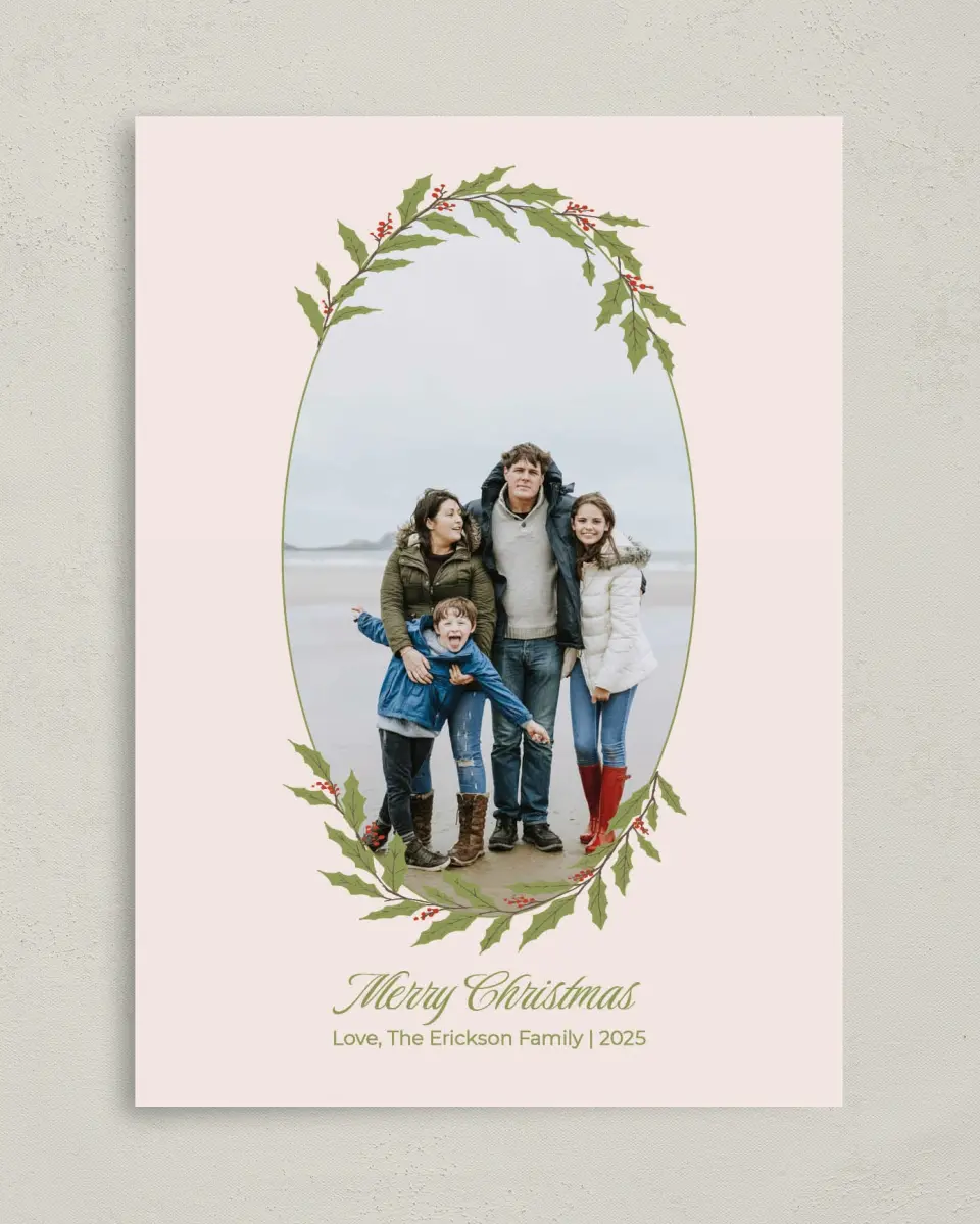 This is a 5" x 7" Christmas Card called Framed in Love printed in full color on Premium Smooth paper