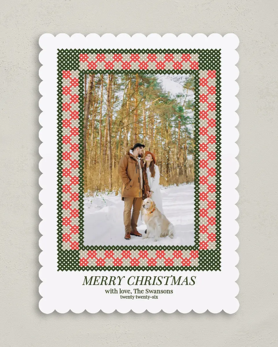 This is a 5" x 7" Christmas Card called Cross-Stitch Christmas printed in full color on Premium Smooth paper on Premium Smooth paper on Premium Smooth paper