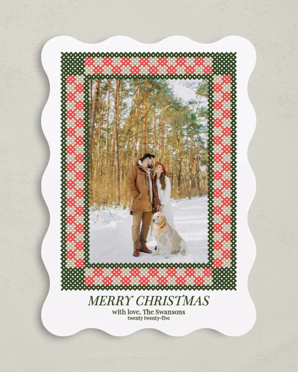This is a 5" x 7" Christmas Card called Cross-Stitch Christmas printed in full color on Premium Smooth paper