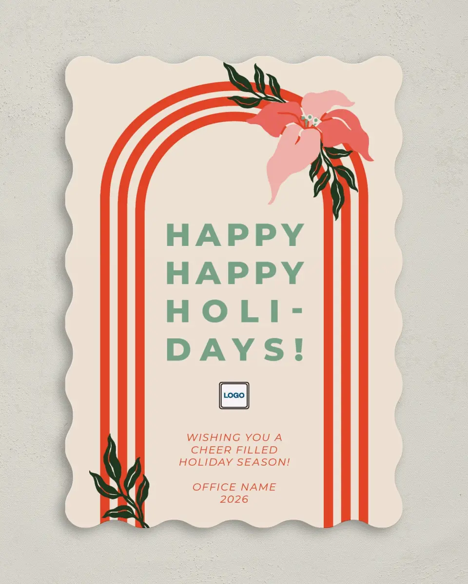 This is a 5" x 7" Christmas Card called Holiday Happiness printed in full color with Rose Gold foil on Soft Suede (coated) paper