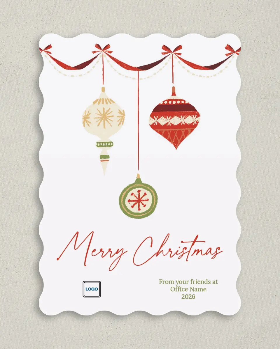 This is a 5" x 7" Christmas Card called Festive Cheer printed in full color with Rose Gold foil on Soft Suede (coated) paper