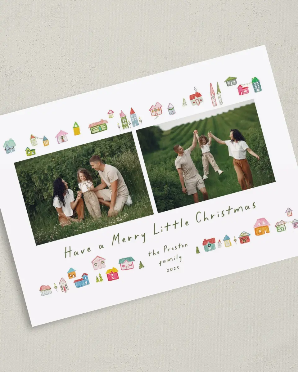 This is a 5" x 7" Christmas Card called Christmas Village printed in full color on Premium Smooth paper