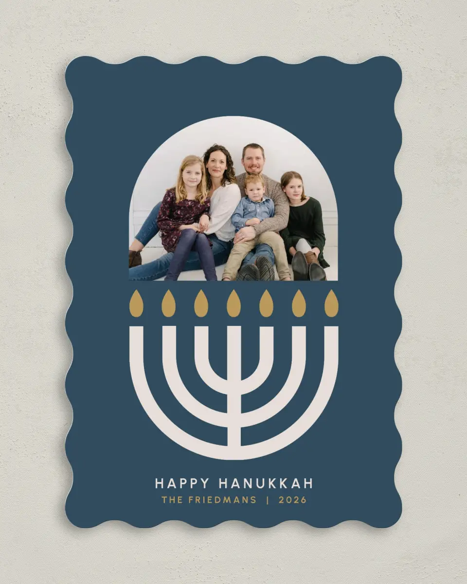 This is a 5" x 7" Hanukkah Card called Menorah Lights printed in full color with Silver foil on Luxe Satin (coated) paper