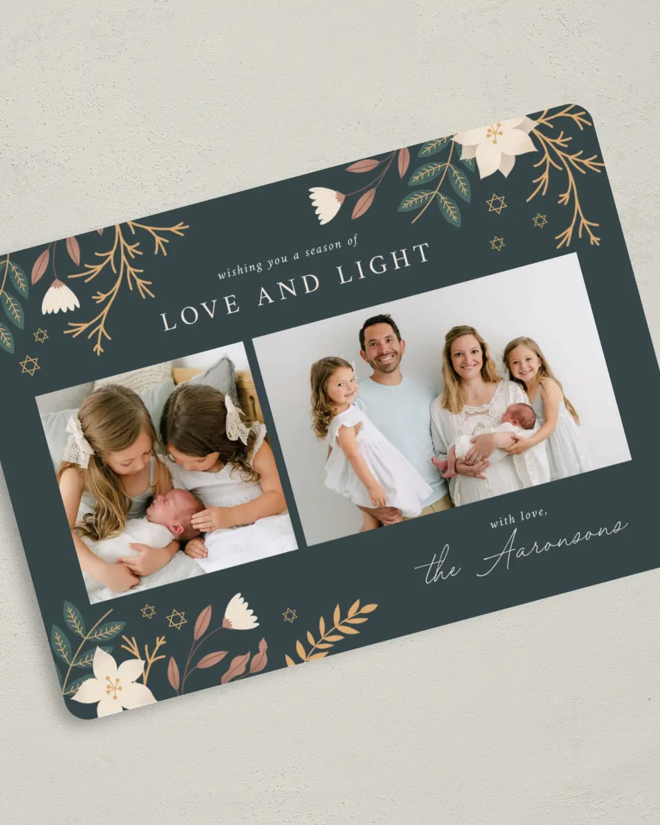 This is a 5" x 7" Hanukkah Card called Botanical Blessings printed in full color on Premium Smooth paper