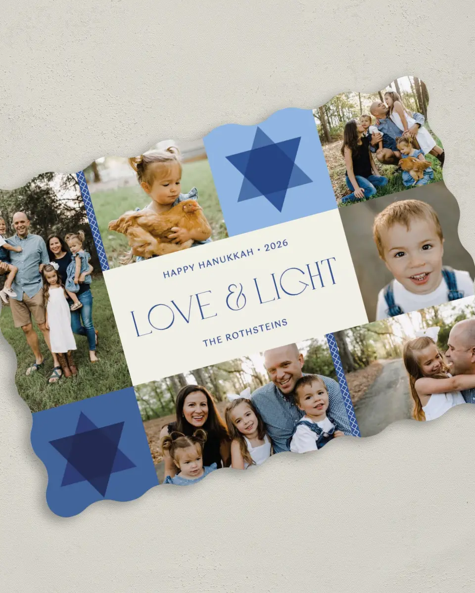 This is a 5" x 7" Hanukkah Card called Patchwork Star printed in full color with Silver foil on Luxe Satin (coated) paper