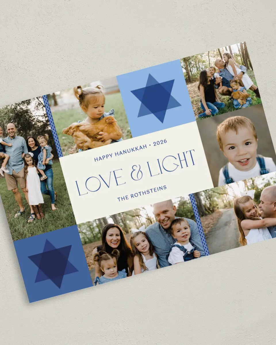 This is a 5" x 7" Hanukkah Card called Patchwork Star printed in full color on Premium Smooth paper
