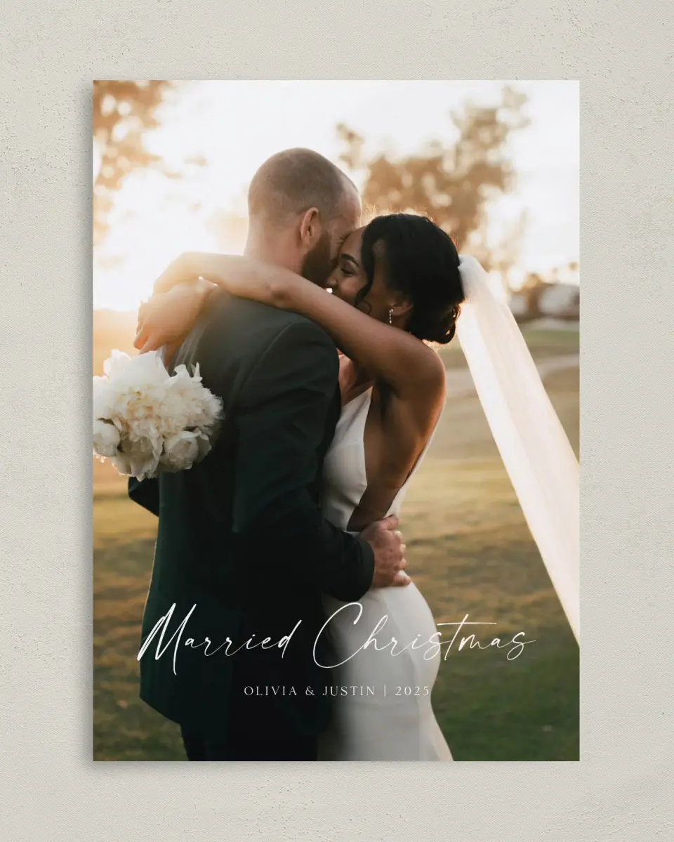 This is a 5" x 7" Christmas Card called Together for Christmas printed in full color with Gold foil on Soft Suede (coated) paper