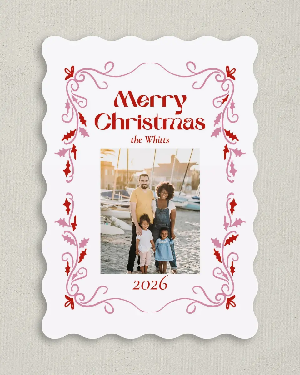 This is a 5" x 7" Christmas Card called Festive Wishes printed in full color with Rose Gold foil on Soft Suede (coated) paper