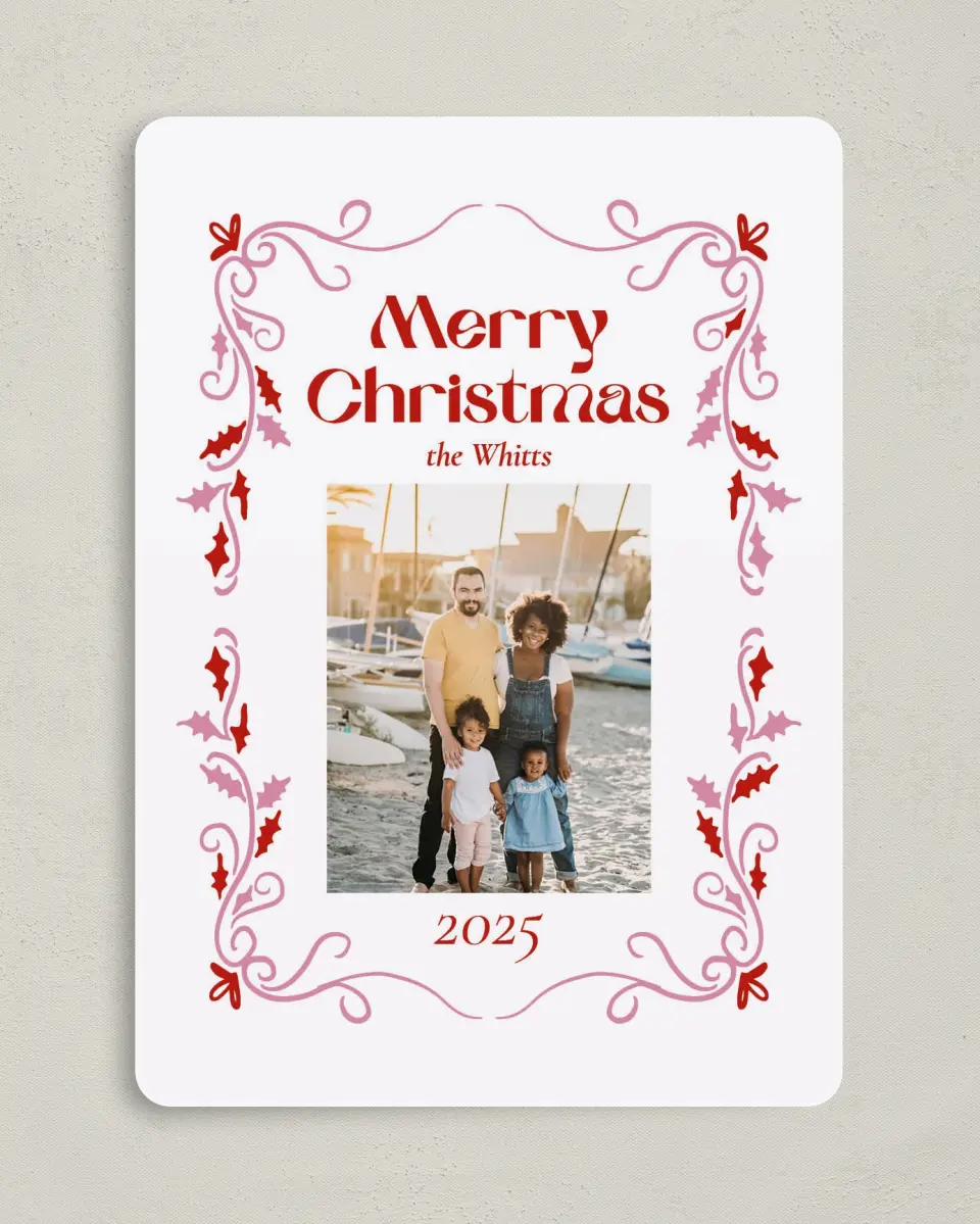 This is a 5" x 7" Christmas Card called Festive Wishes printed in full color with Rose Gold foil on Soft Suede (coated) paper