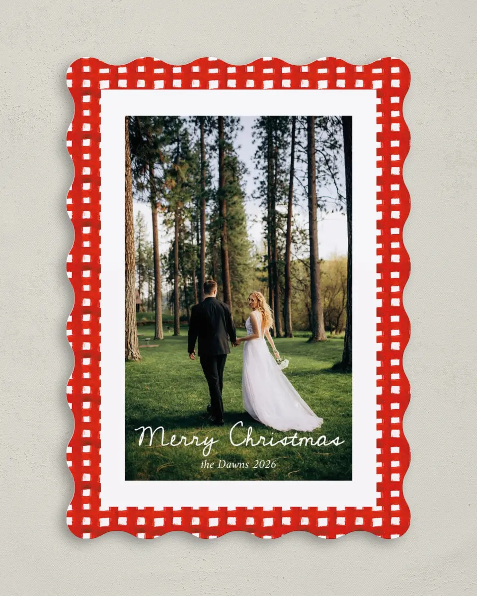This is a 5" x 7" Christmas Card called Jingle Bells & Wedding Bells printed in full color with Rose Gold foil on Soft Suede (coated) paper