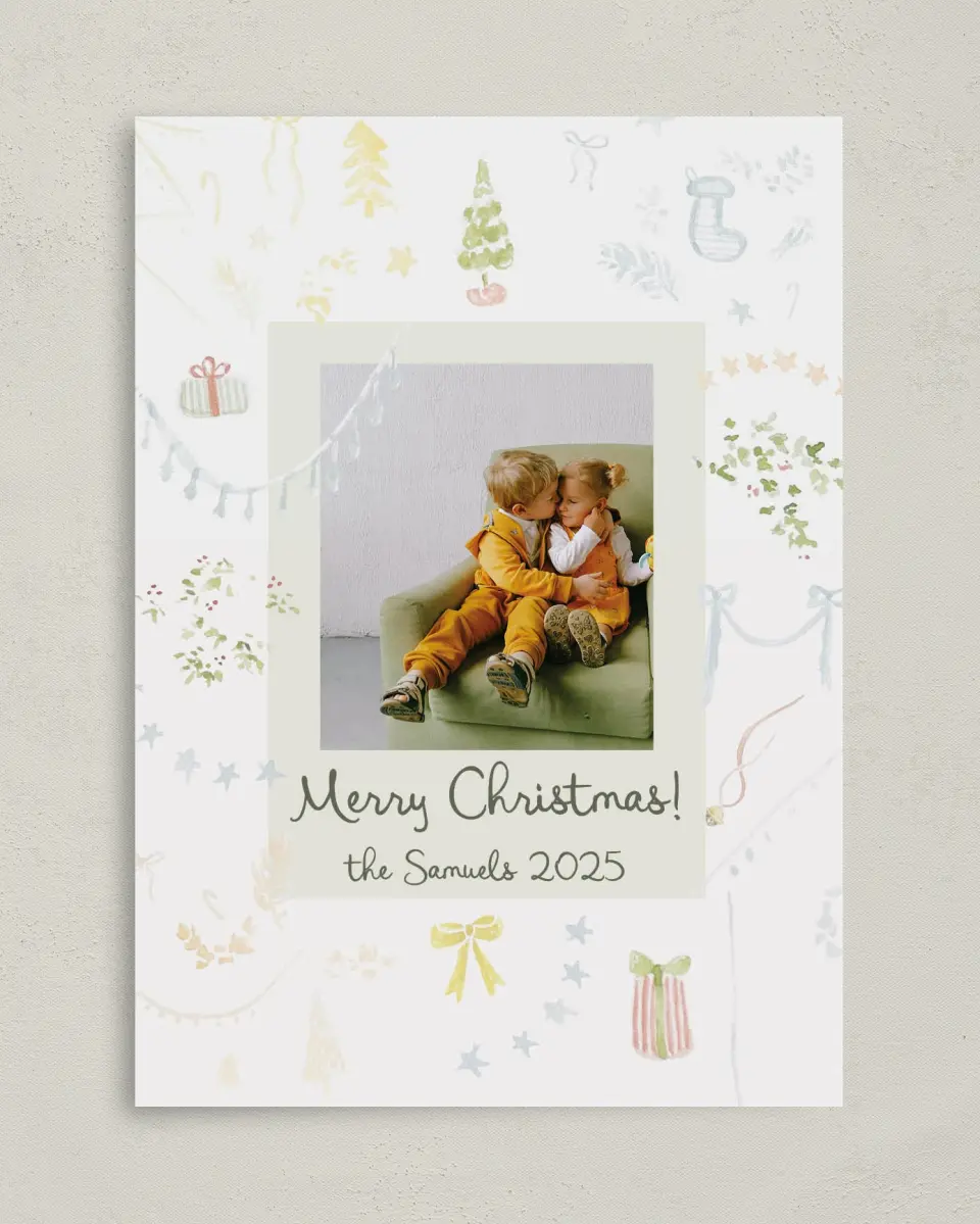 This is a 5" x 7" Christmas Card called Christmas Kisses printed in full color on Premium Smooth paper