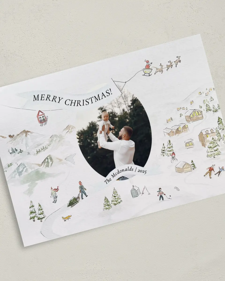 This is a 5" x 7" Christmas Card called Snow Angels printed in full color on Premium Smooth paper