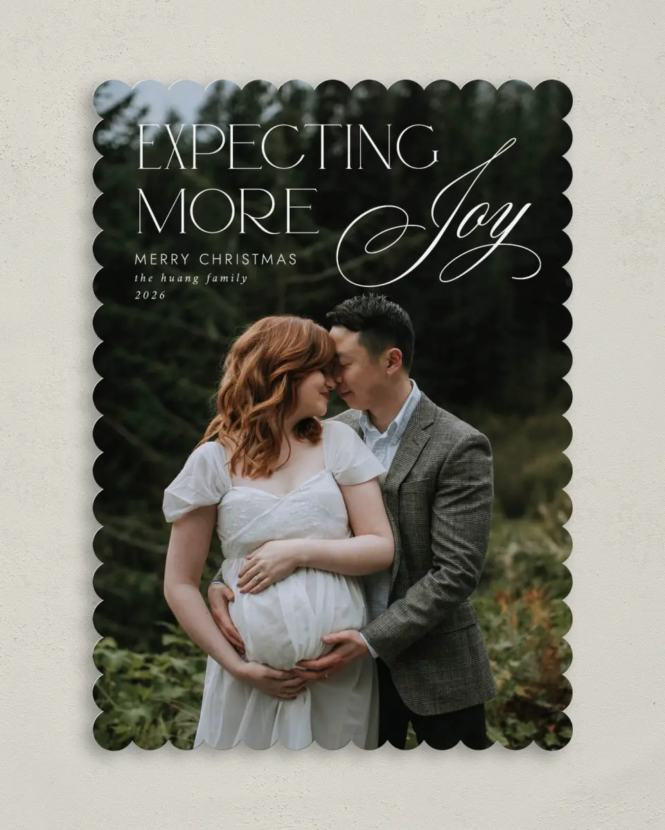 This is a 5" x 7" Christmas Card called More Joy printed in full color on Premium Smooth paper on Premium Smooth paper on Premium Smooth paper