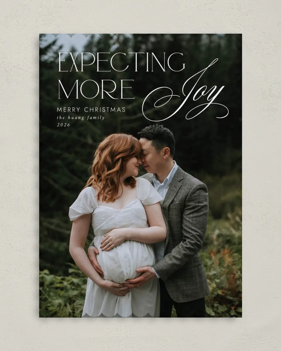 This is a 5" x 7" Christmas Card called More Joy printed in full color on Premium Smooth paper on Premium Smooth paper on Premium Smooth paper