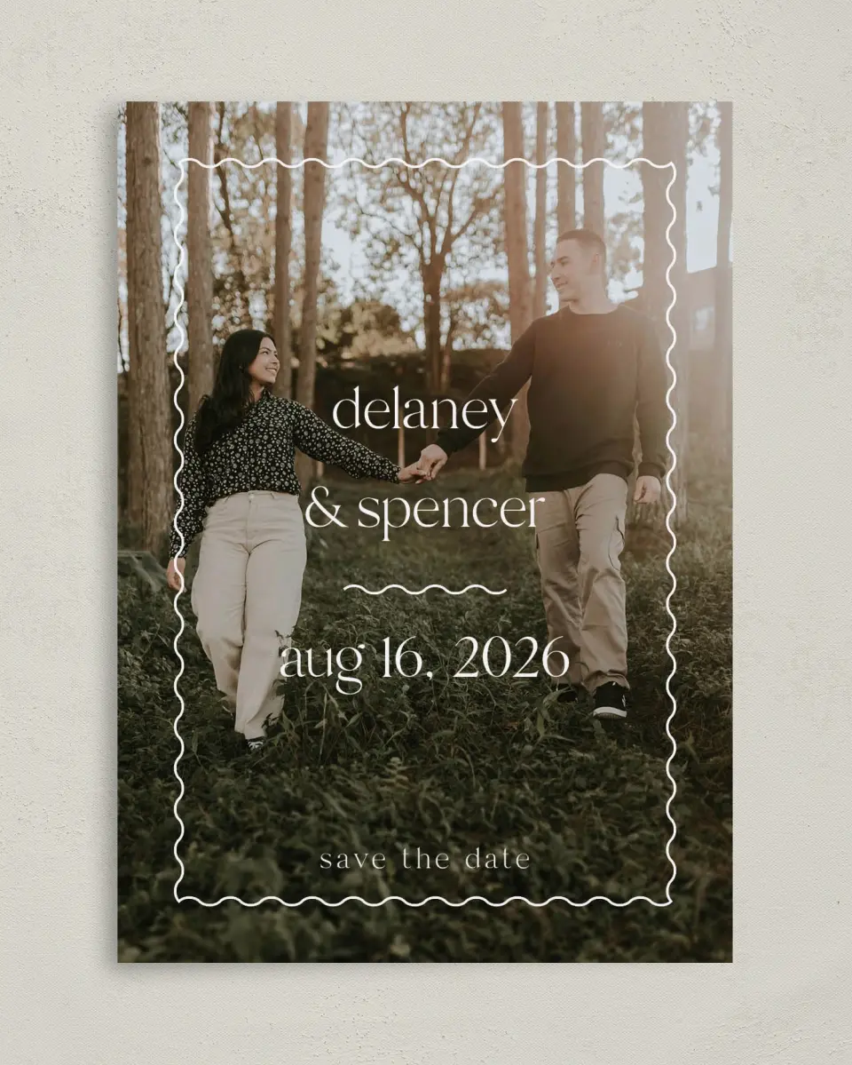 This is a 5" x 7" Save the Date Card called The Delaney printed in full color on Premium Smooth paper