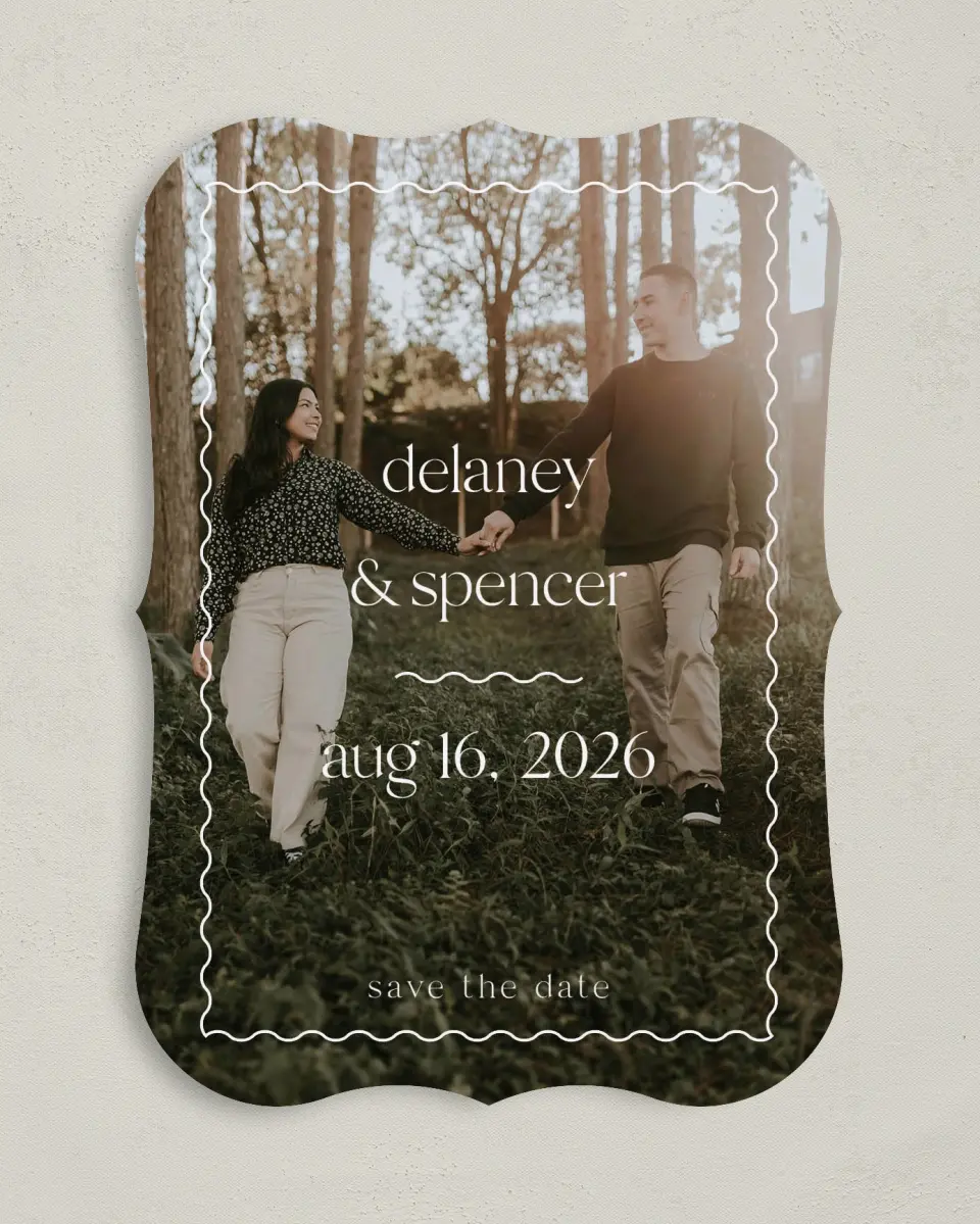 This is a 5" x 7" Save the Date Card called The Delaney printed in full color on Premium Smooth paper