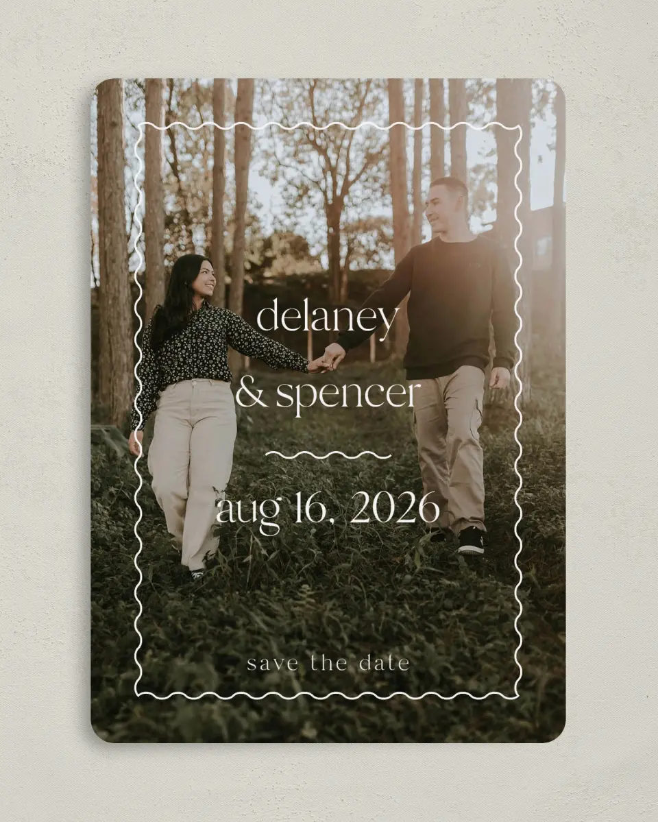 This is a 5" x 7" Save the Date Card called The Delaney printed in full color on Premium Smooth paper