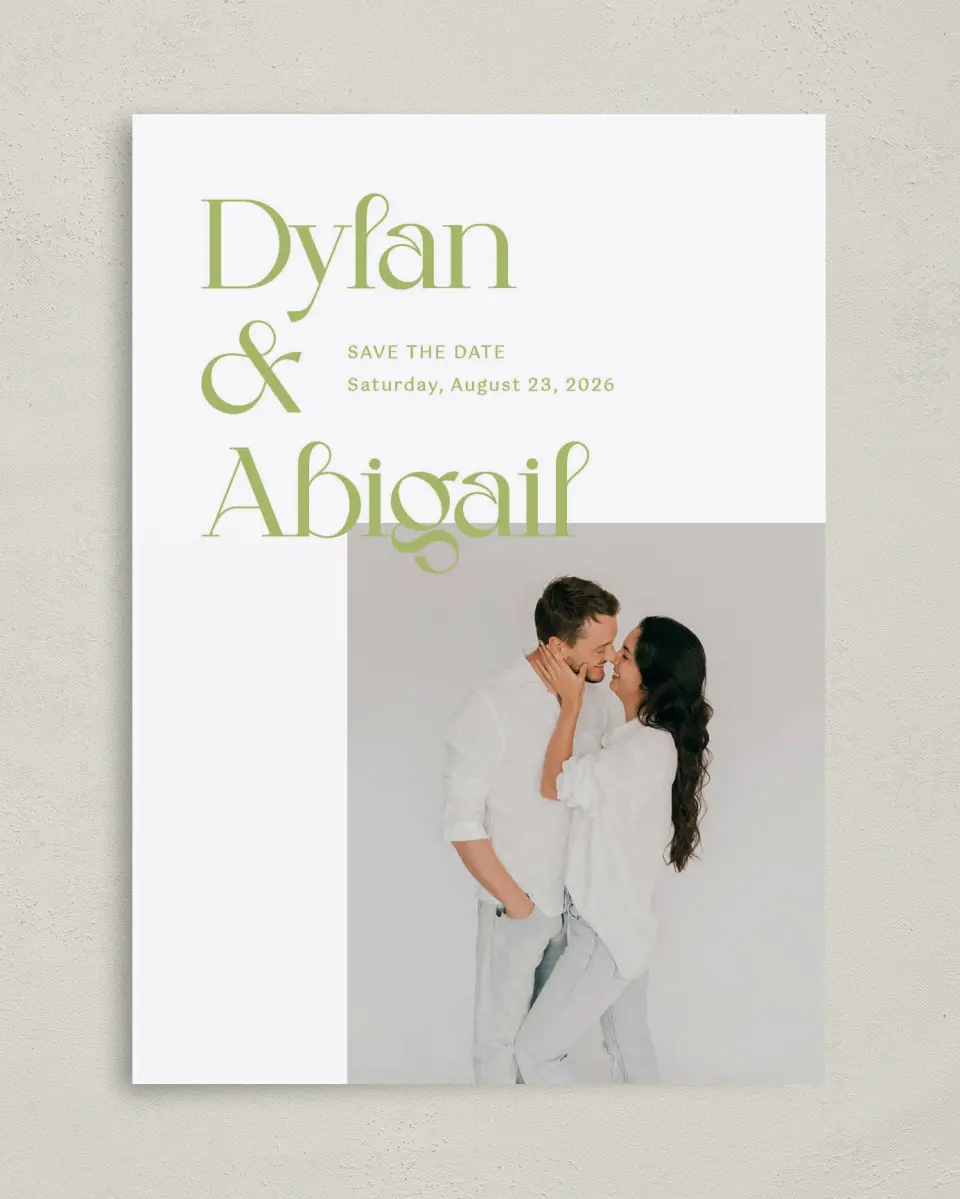 This is a 5" x 7" Save the Date Card called The Abigail printed in full color on Premium Smooth paper