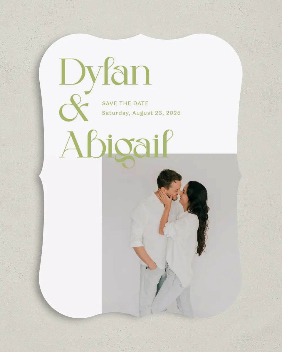 This is a 5" x 7" Save the Date Card called The Abigail printed in full color on Premium Smooth paper