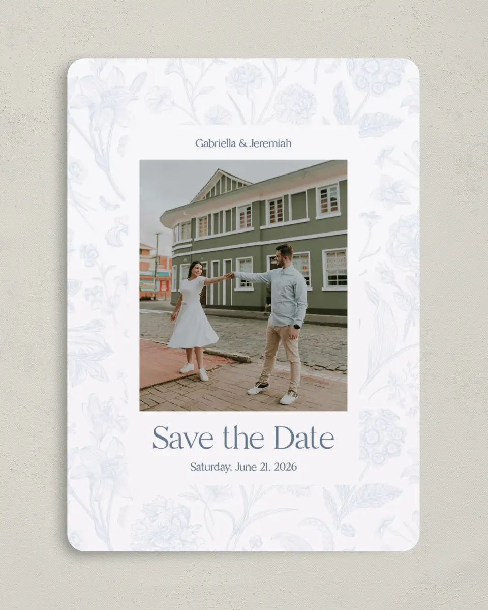 This is a 5" x 7" Save the Date Card called The Gabriella printed in full color on Premium Smooth paper