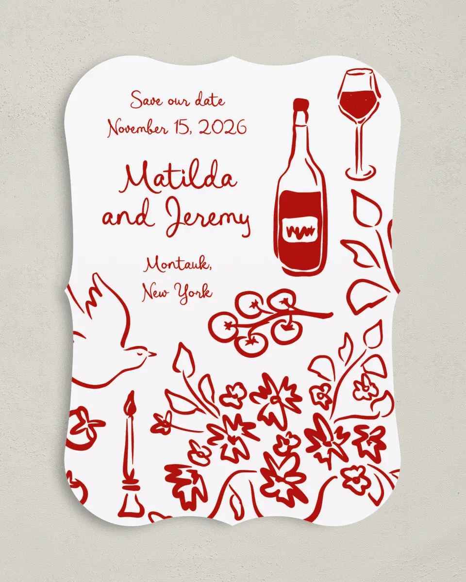 This is a 5" x 7" Save the Date Card called Love Birds printed in full color on Premium Smooth paper