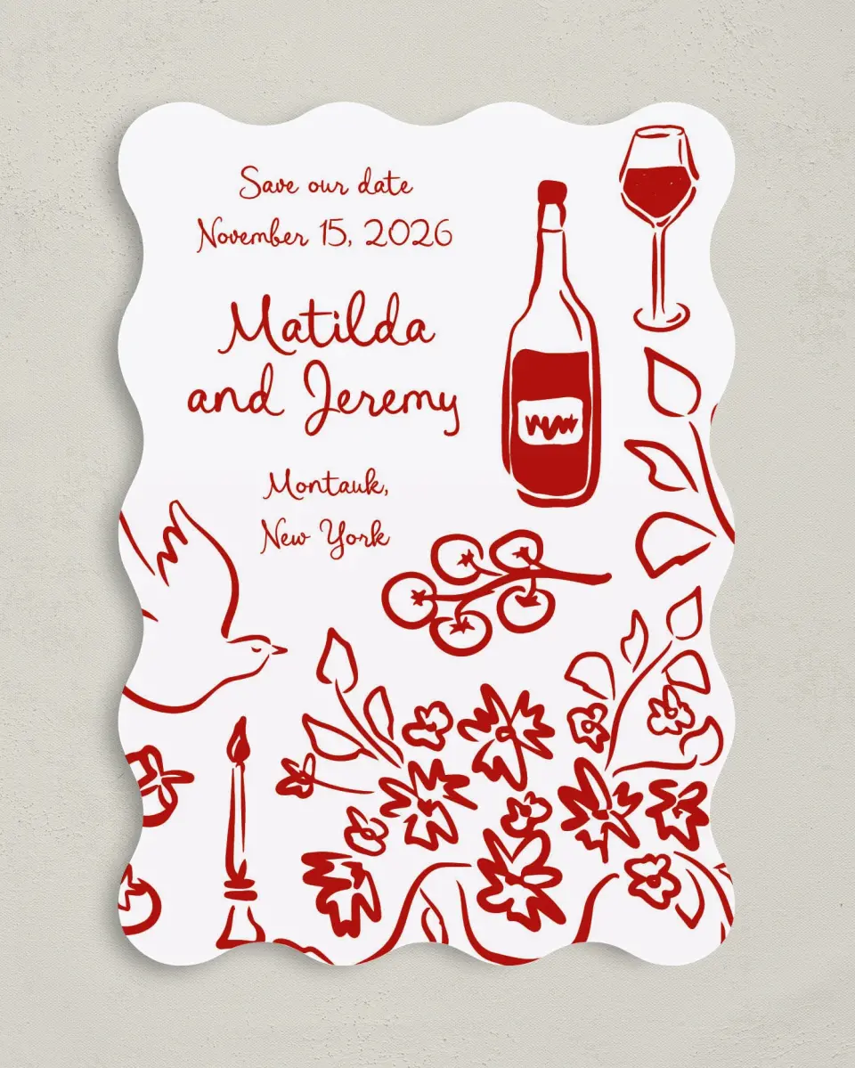 This is a 5" x 7" Save the Date Card called Love Birds printed in full color on Premium Smooth paper