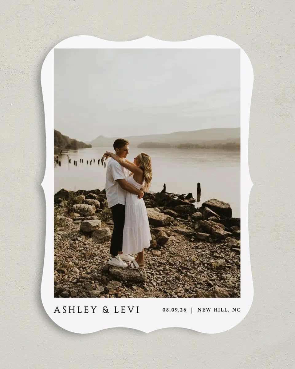 This is a 5" x 7" Save the Date Card called Classic Romance printed in full color on Premium Smooth paper