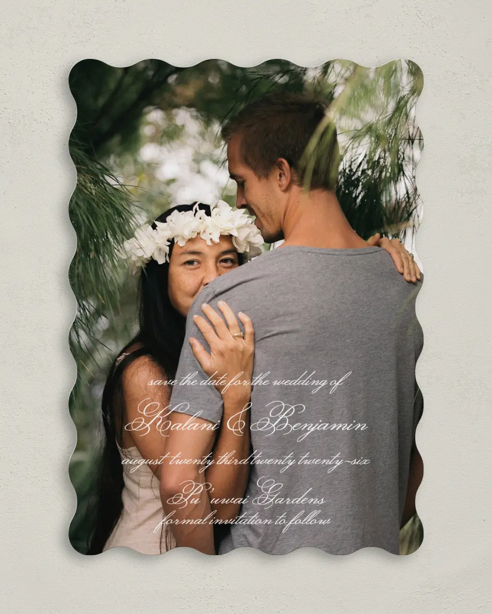 This is a 5" x 7" Save the Date Card called Aloha Amore printed in full color on Premium Smooth paper