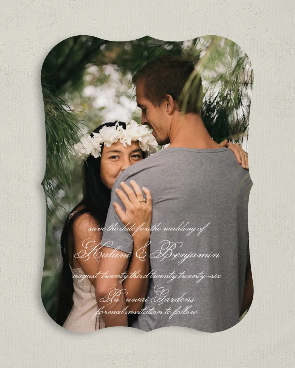This is a 5" x 7" Save the Date Card called Aloha Amore printed in full color on Premium Smooth paper
